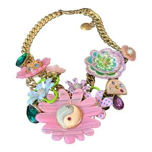 Betsey Johnson Whimsical Garden Floral Necklace Yin Yang Mushroom Enamel Y15
